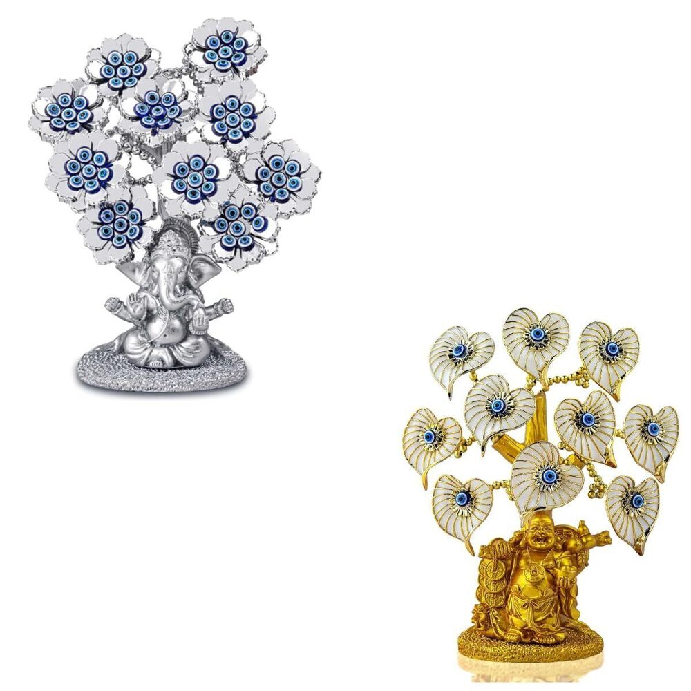 6051 Evil Eye Lucky Tree Bundle: Silver Ganesha & Golden Buddha Statues